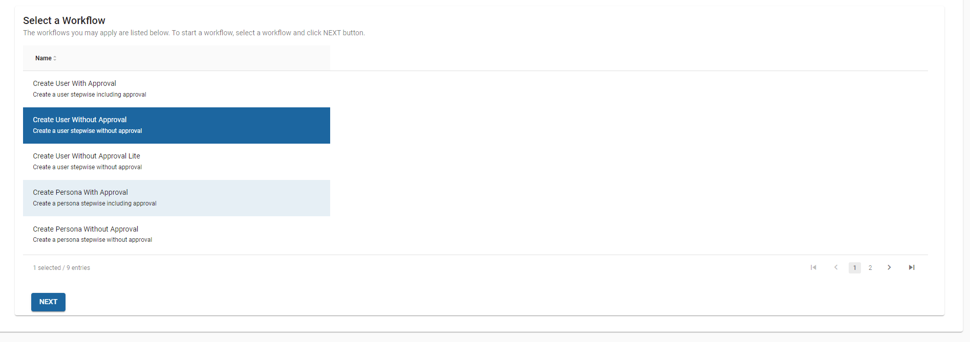 Create User – Select Create User Workflows