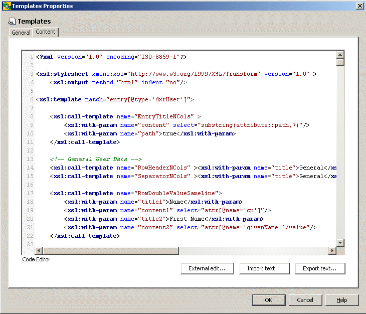 Example User Report XSL Template Definition
