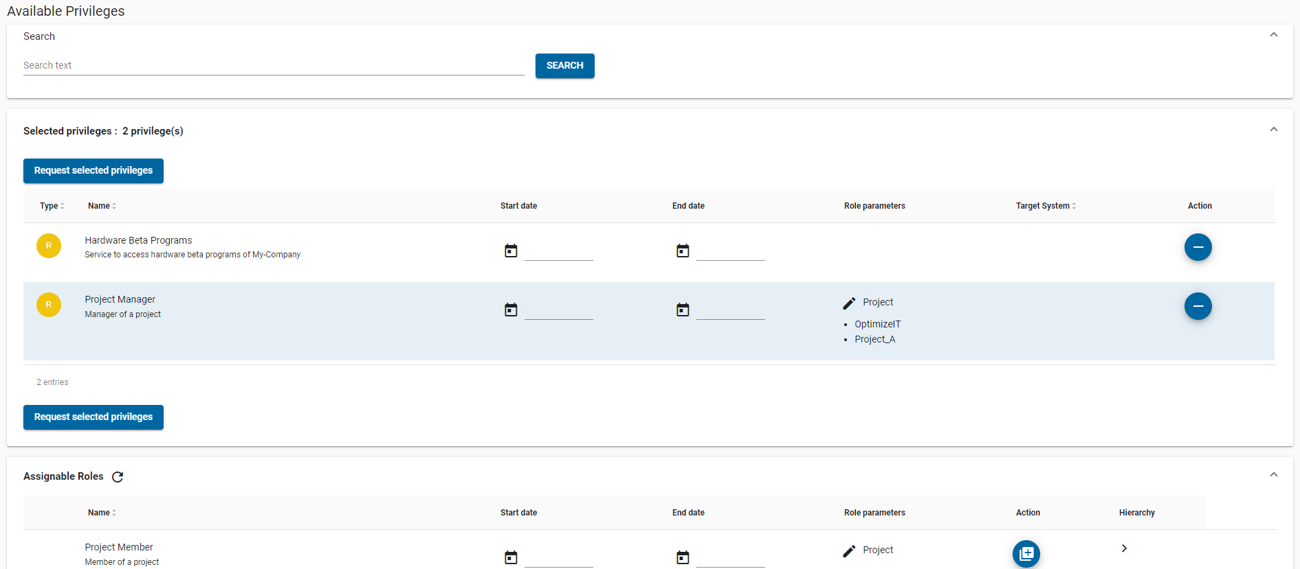 Selected Privilege Requests