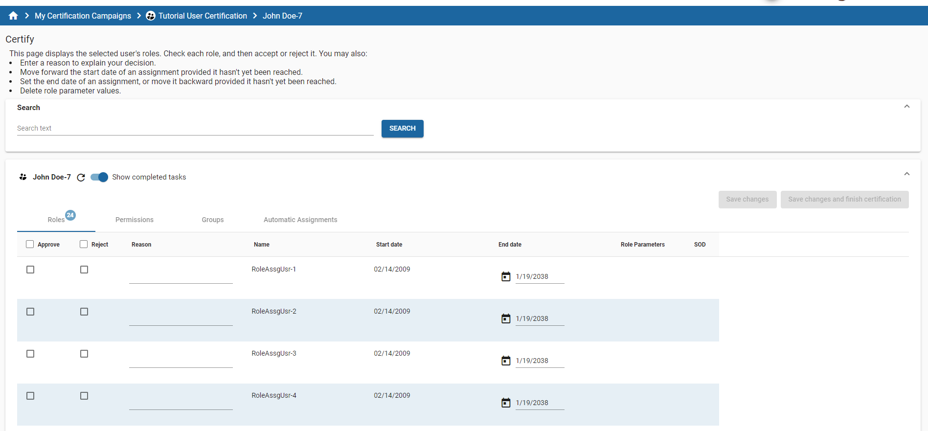 User Certification Campaign Certify Page