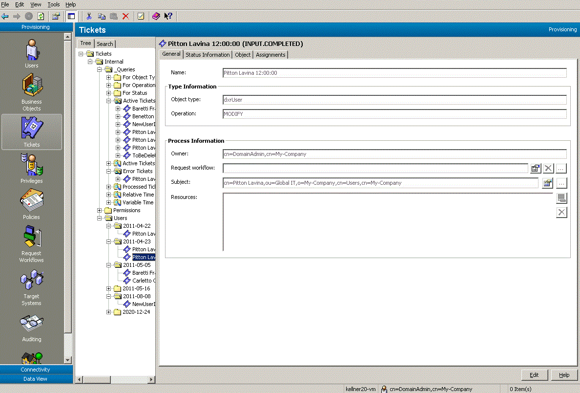 Viewing Internal Tickets with DirX Identity Manager