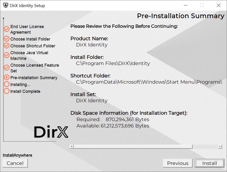 pre installation summary step