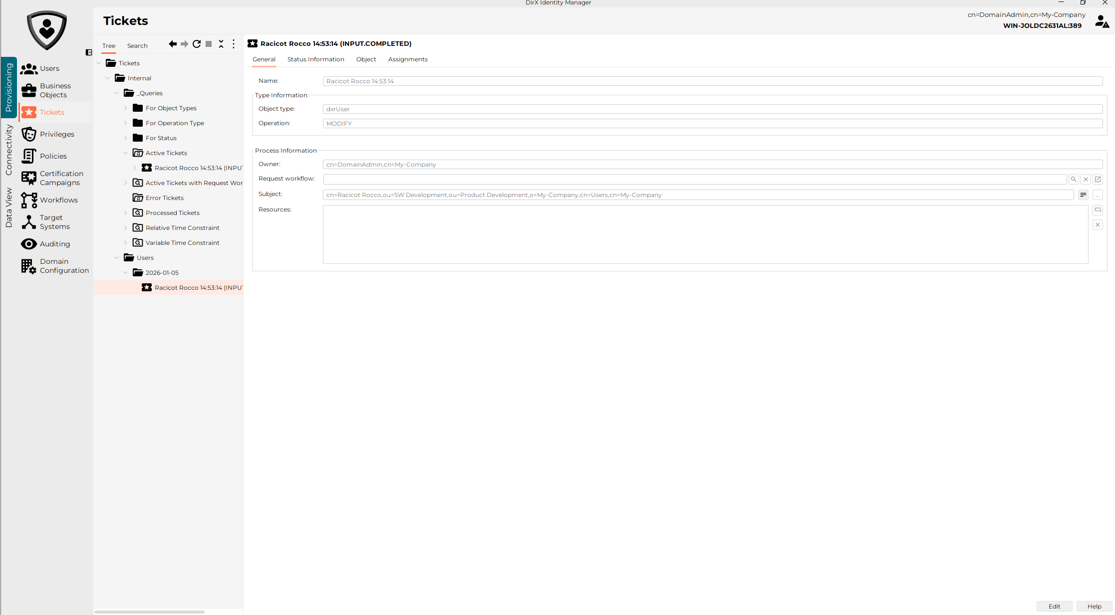Viewing Internal Tickets with DirX Identity Manager