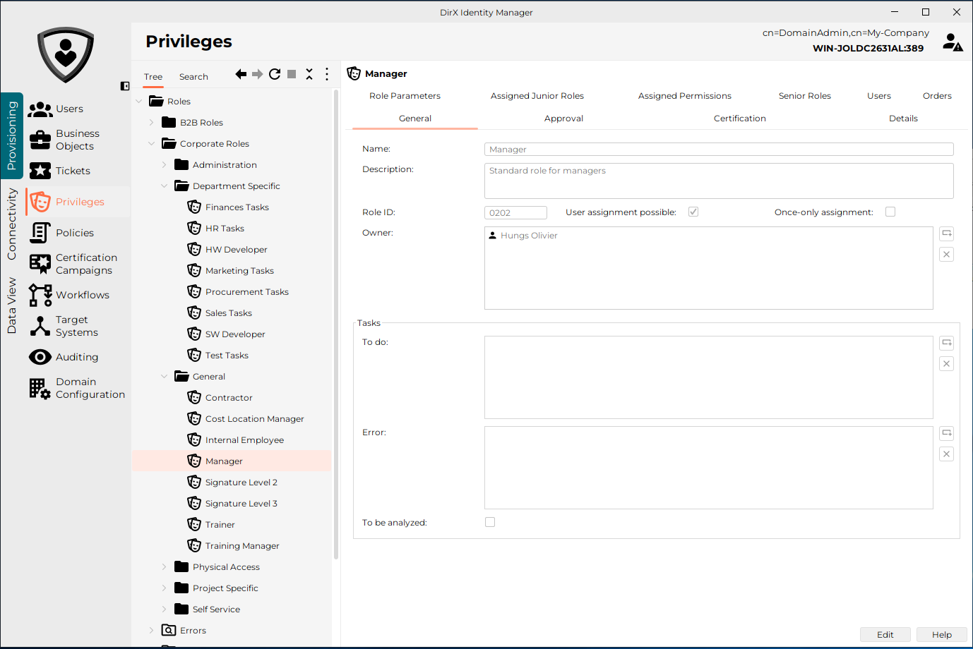 Viewing the Privilege Structure with DirX Identity Manager