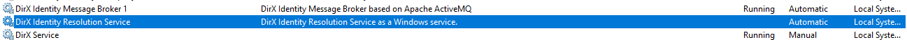 DirX Identity Resolution Service in Windows Services window