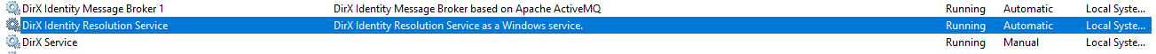 DirX Identity Resolution Service running in Windows Services window