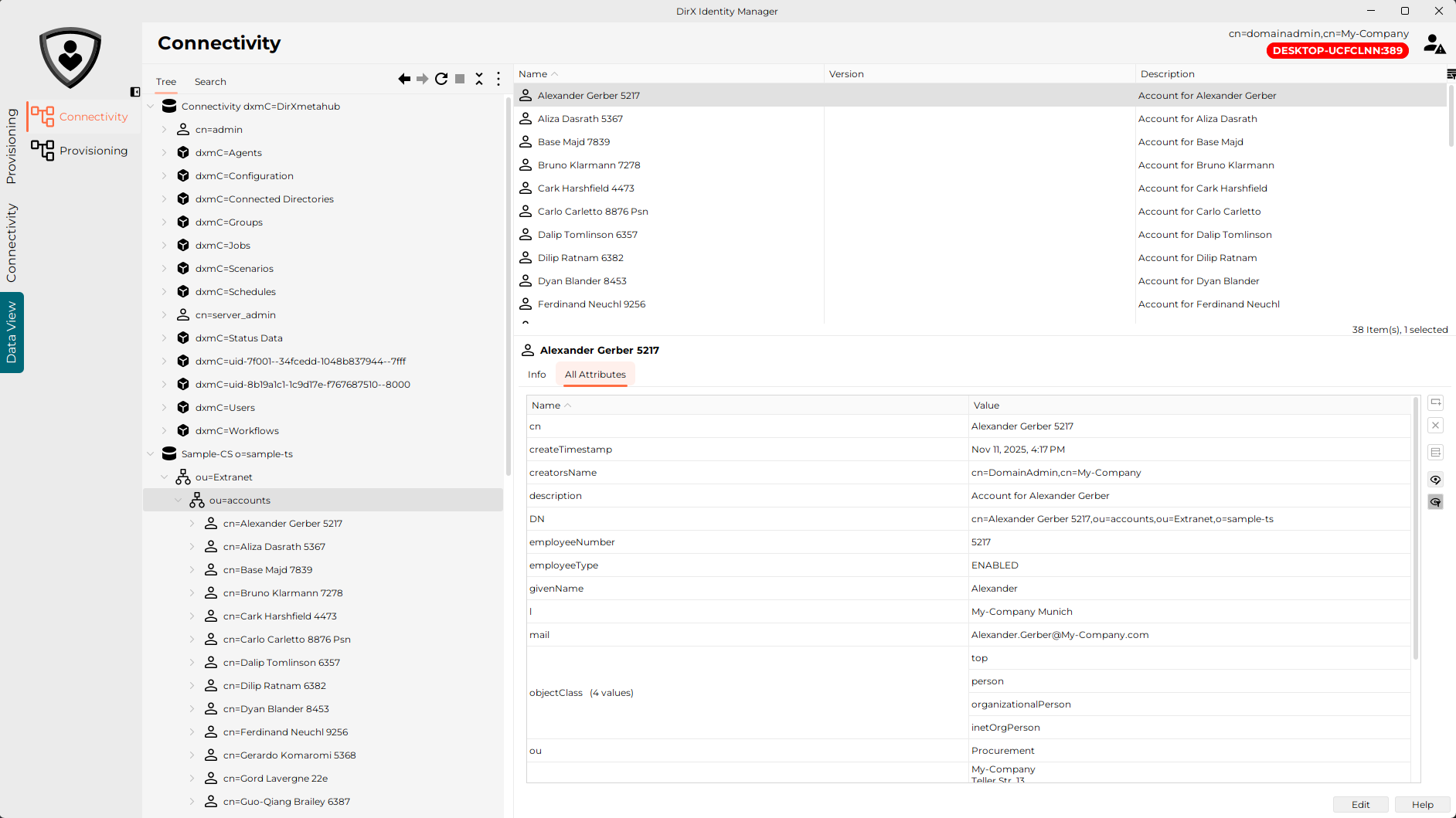 DirX Identity Manager Data View in Connectivity view