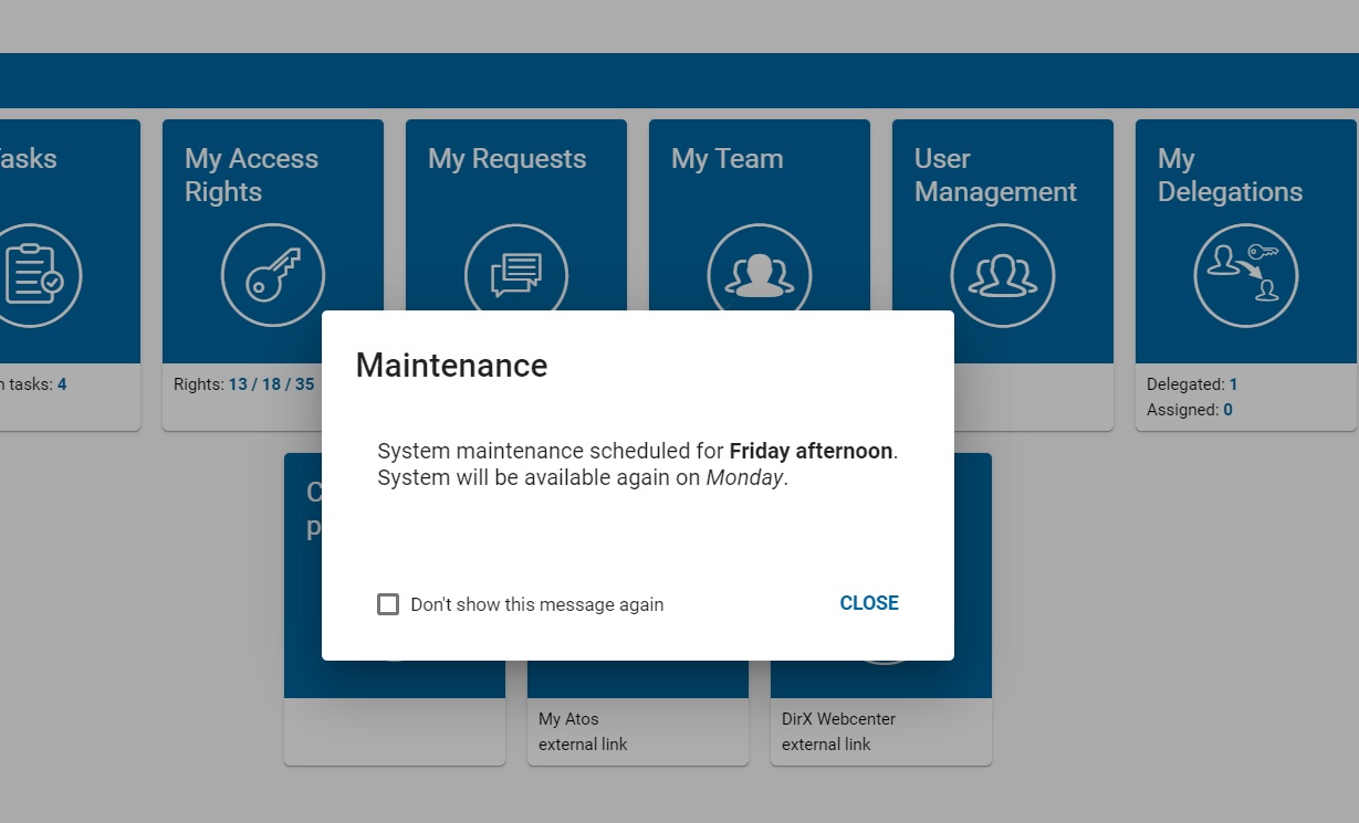 User Home Page - Login Information Dialog