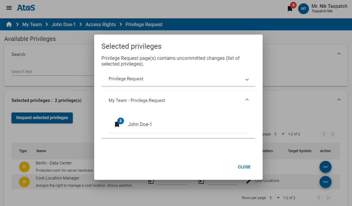Selected Privileges Dialog
